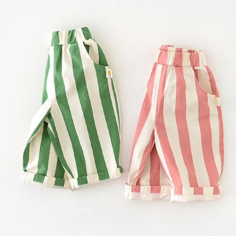 Outono novo menino menina crianças solto listrado calças casuais bolsos do bebê calças de moda criança ao ar livre calças de algodão da criança traje