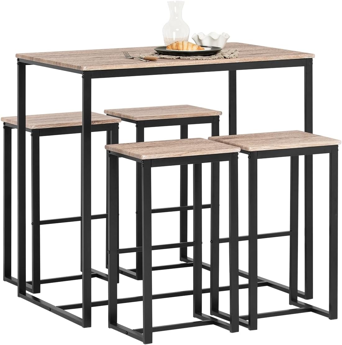 Set Mesa Alta de Bar y 4 Taburetes Muebles Bar Comedor ES (OGT15-N)