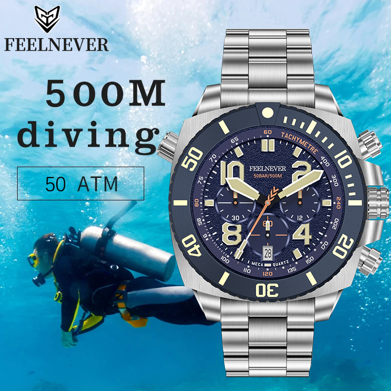 FeelNever Esporte Movimento Automático Relógio de Quartzo Aço Inoxidável Relógios de Cristal de Safira Homens 500M Relógios À Prova D 'Água Reloj Hombre