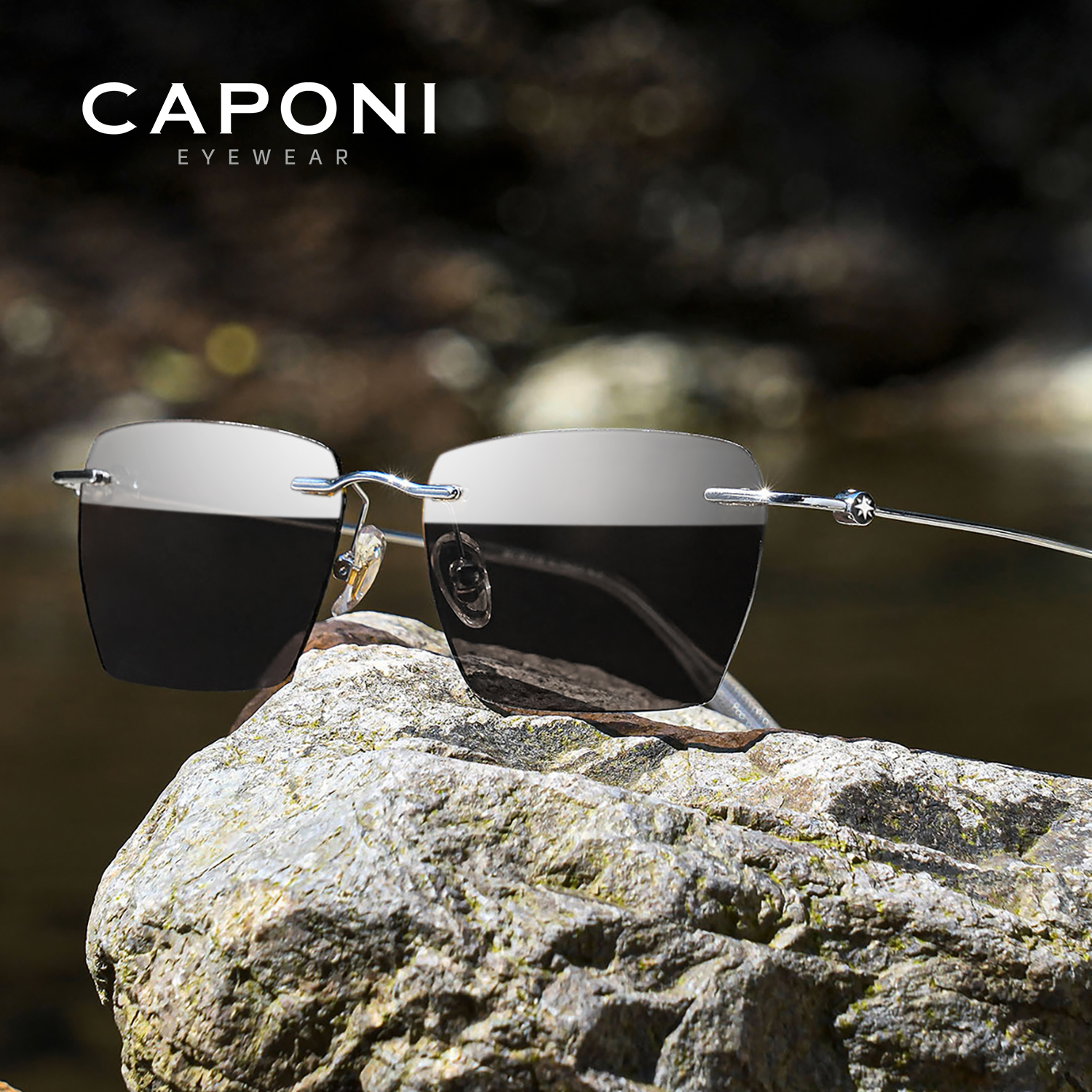 CAPONI Occhiali da sole polarizzati da uomo Design originale Occhiali da sole ultraleggeri senza montatura fotocromatici neri leggeri Driver UV400 Ombra BS0621