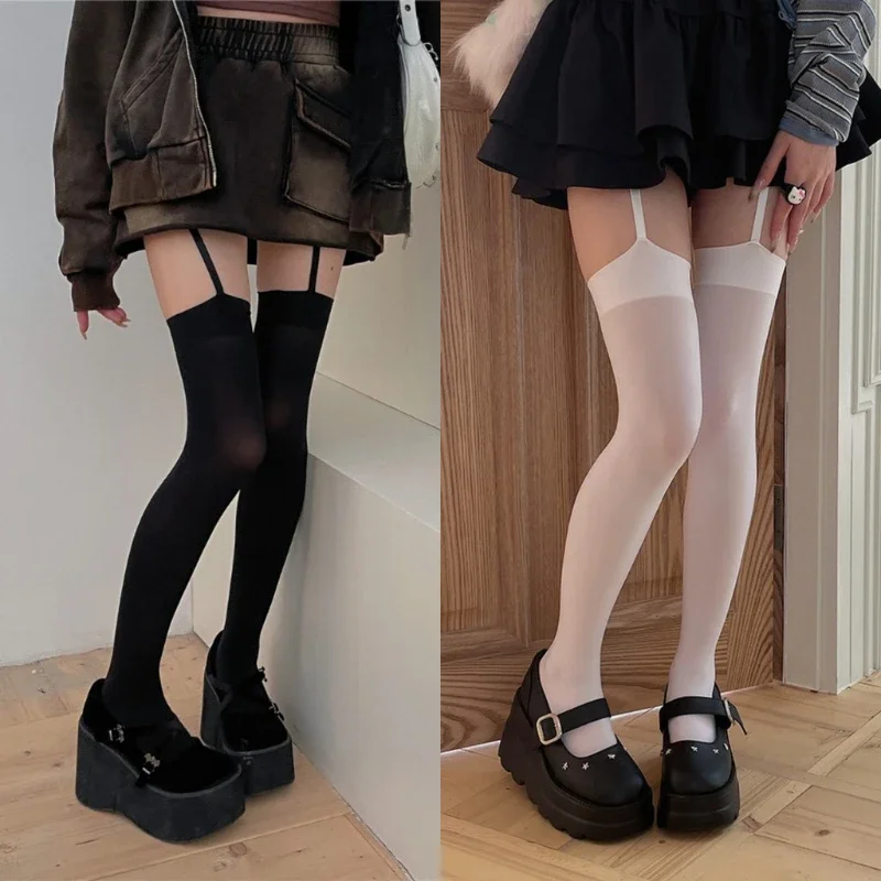 Medias de terciopelo de banda ancha con tirantes para mujer, medias altas hasta el muslo finas de Lolita con ligas, calcetines por encima de la rodilla estilo universitario Y2K JK