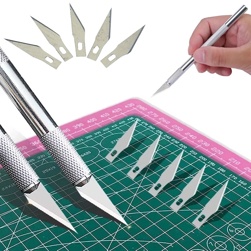 Kit de Herramientas de Cuchillo Bisturí de Metal Antideslizante, Cuchillos de Grabado con 5 Cuchillas, Accesorios para Cortar Papel y Teléfono, Herramienta de Bricolaje