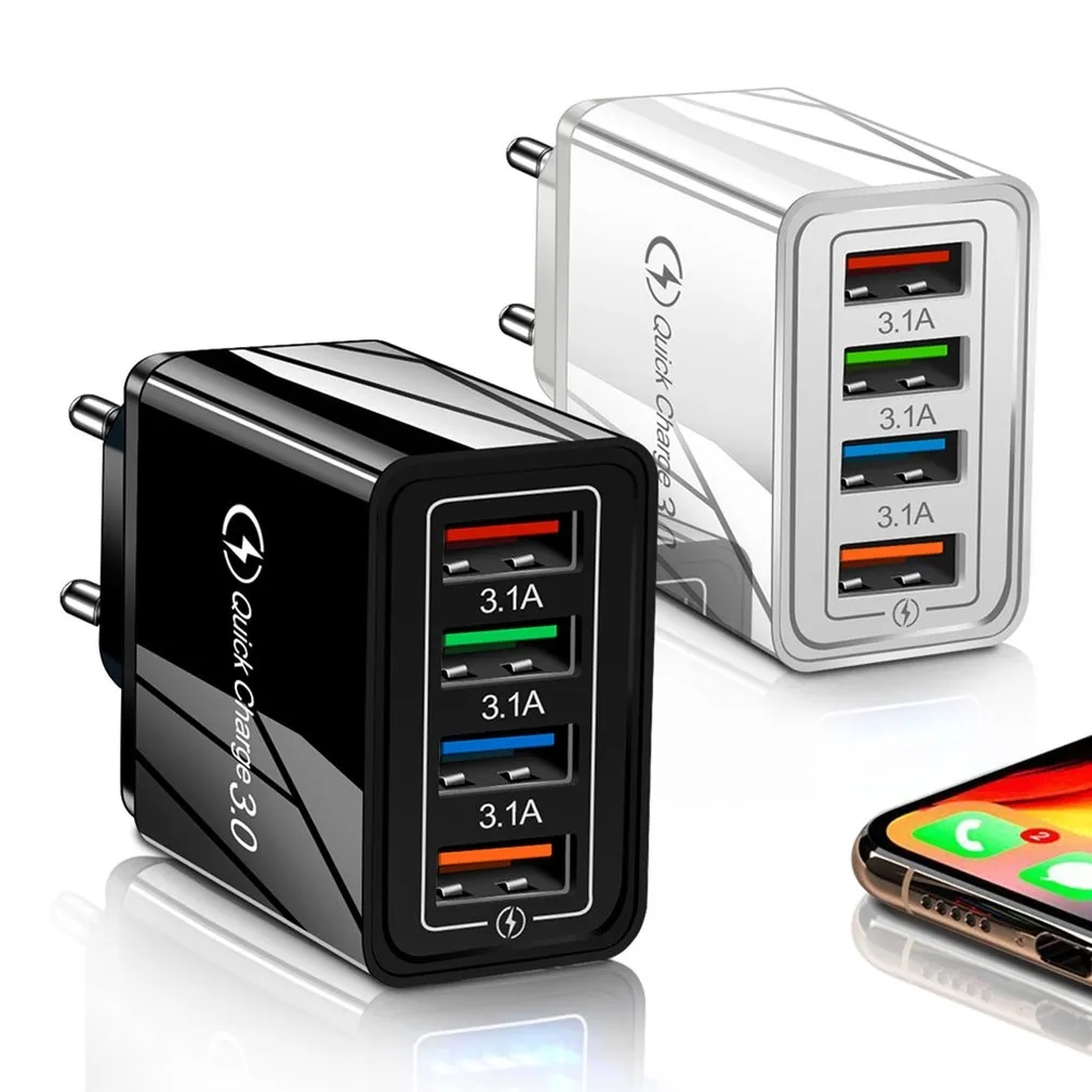 Cargador USB de 3A con Enchufe para UE y EE. UU., Cargador de Pared Portátil con Múltiples Puertos, 4 Puertos USB, Carga Rápida 3.0 para Teléfono, Adaptador para Tableta, Cargador Rápido para Poco