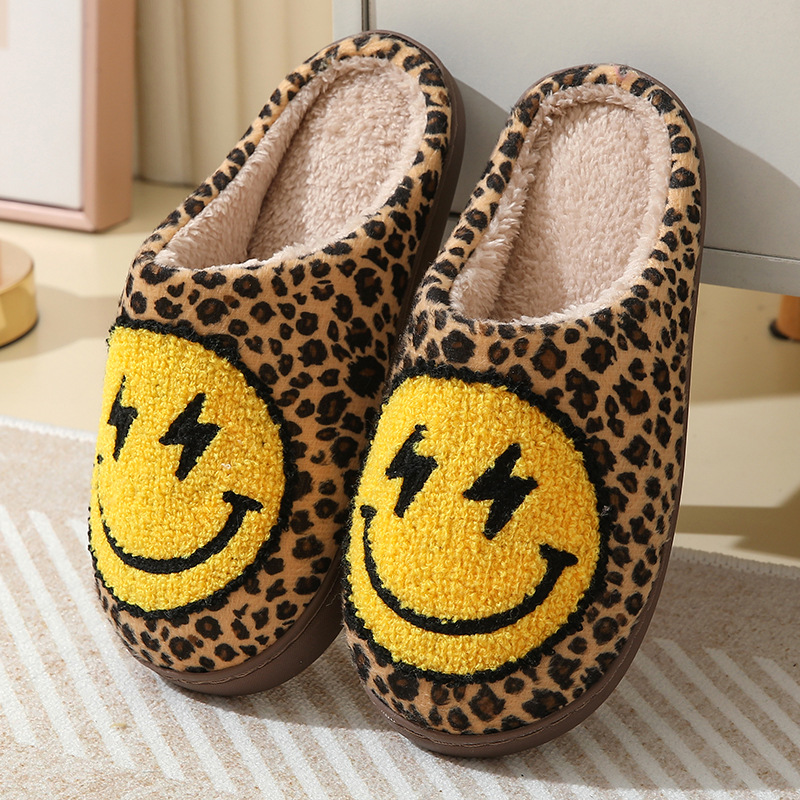 เสือดาวพิมพ์รองเท้าแตะสําหรับสตรีการ์ตูน SMILE Soft Sole ผ้าฝ้ายผู้หญิงฤดูหนาวใหม่ WARM Plush รองเท้าแตะน่ารัก Houseshoes