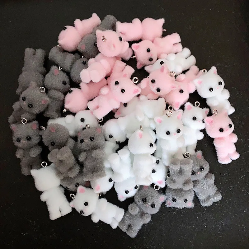 30 pièces chat pendentif Kawaii 3D moelleux flocage Animal chat breloques poupées miniatures porte-clés collier pendentif bricolage artisanat fabrication de bijoux