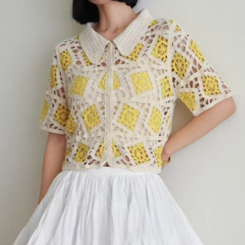 Gehäkeltes Hemd mit Knöpfen, Kurzarm-Bluse mit Kragen, Offener Strickjacke mit Knopfleiste für Damen, Frühling Sommer 2026, Boho-Chic
