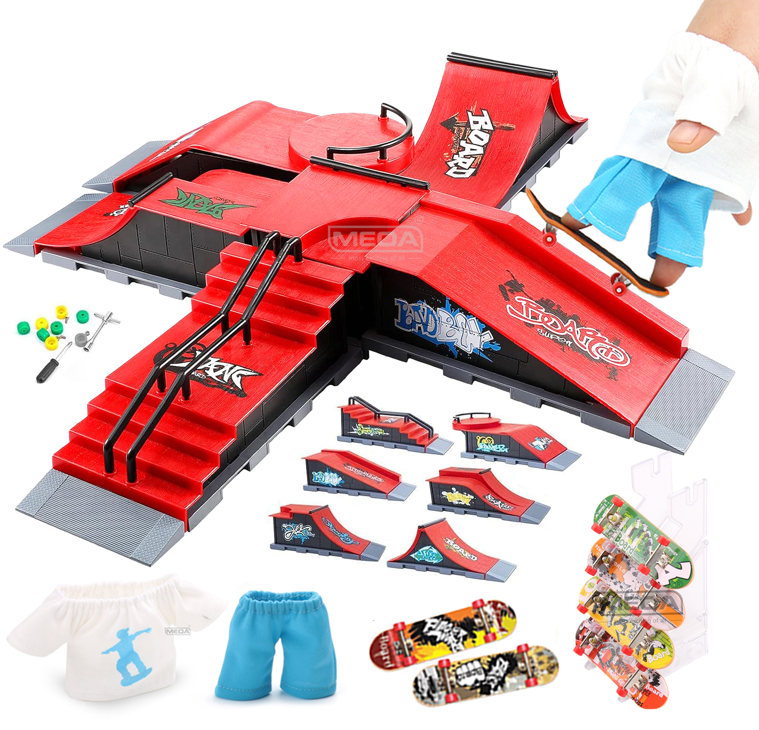 DIY Finger Skatepark 6-in-1 ชุด Professional Tech Practice Deck แพลตฟอร์ม Stunt สเก็ตบอร์ดนิ้วมือประกอบ Ramp Park ชุดของเล่น