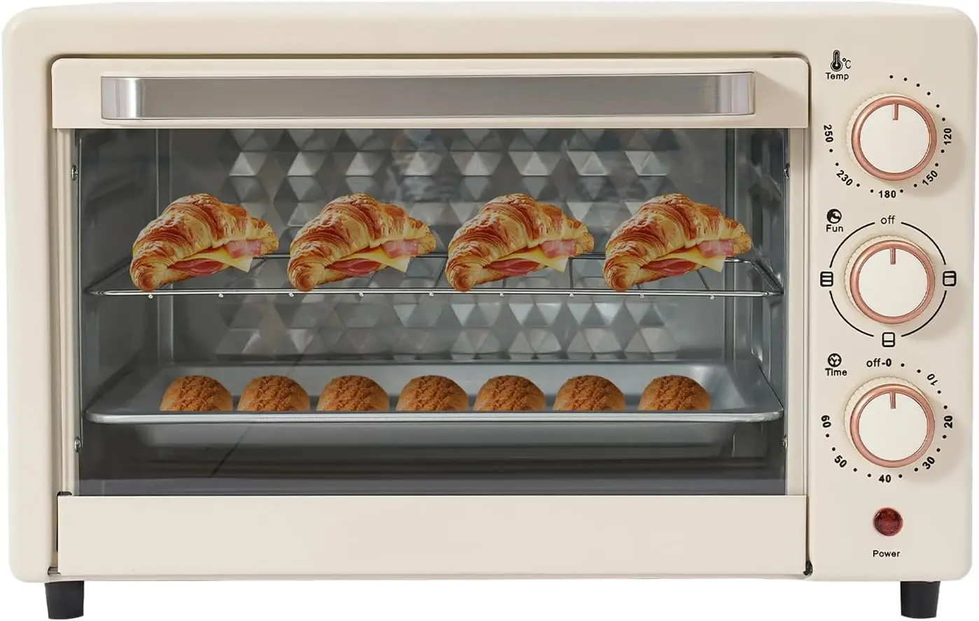 22-Liter-Miniofen kompakt mit Pizza-Funktion und Sichtfenster, 120 ° C bis 250 ° C, 60-Minuten-Timer, 1000 Watt, in Weiß
