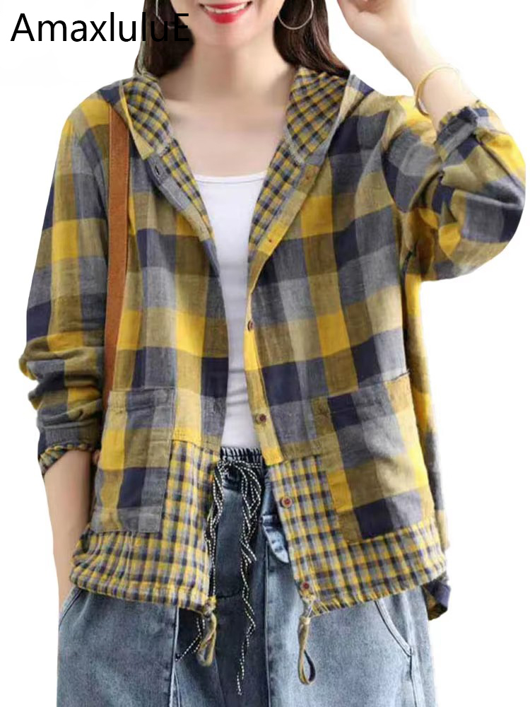 Amax luluE 2024 Fashion Korean Spring Clothes Womens Plaid Hooded Shirts Ladies Linen Loose Blouses Female Casual Oversized Tops