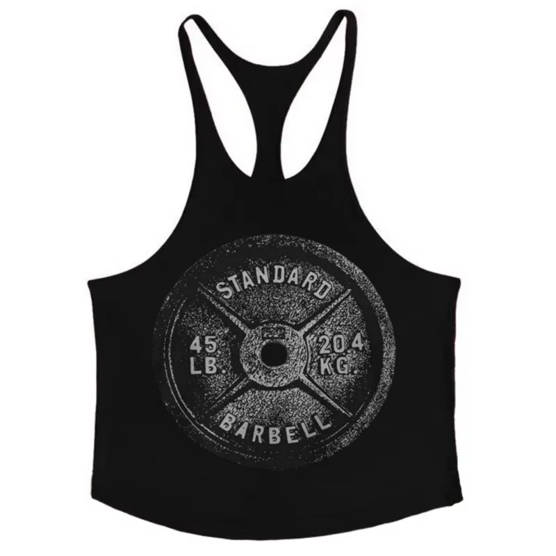 Men's Y - Back Gym Stringer Tank - Barbell Plate Print, Breathable Cotton, Ideal for Bodybuilding,Weightlifting Intense Workouts