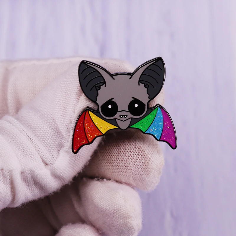 Rainbow Bat Sparkle Glitter Enamel Pin Cute Creepy Black Big Eyes Brooch Surrealism Animal Badge Fashion Jewelry Decor