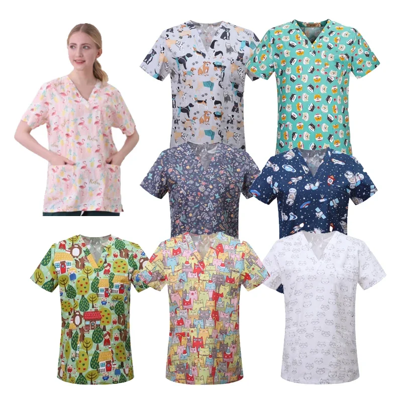 Medical Nurse Uniforms Women Men Print Scrub Shirts&Cap Clinical V-neck Blouse Floral Cartoon Pocket Scrubs Top Beauty Work Wear