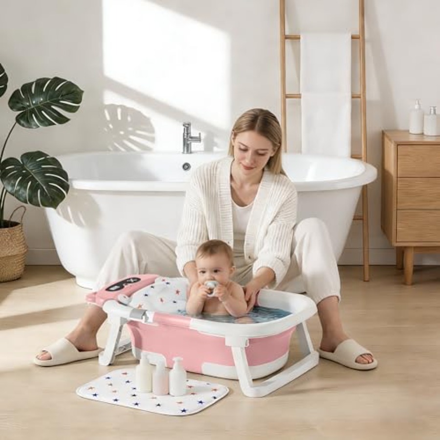Baby-Badewanne Faltbare Baby-Badewanne für Neugeborene bis Kleinkinder 0-18 Monate Zusammenklappbare Säuglingswanne für Reisen mit Thermometer Weich C