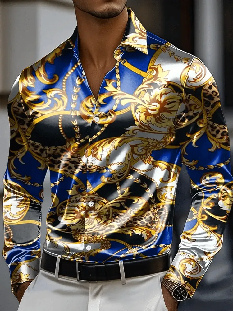 Men's Shirt 3D Vintage Chain Print Polyester Fabric Outdoor Street Long Sleeve Button Clothing Fashion Street Style Design