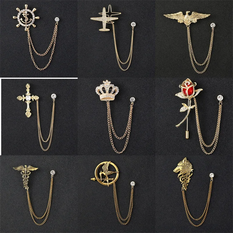 Retro Flugzeug Wolf Quaste Kette Brosche Kristall Blume Flügel Tier Anstecknadeln Herren Anzug Hemd Kragen Abzeichen Broschen Schmuck