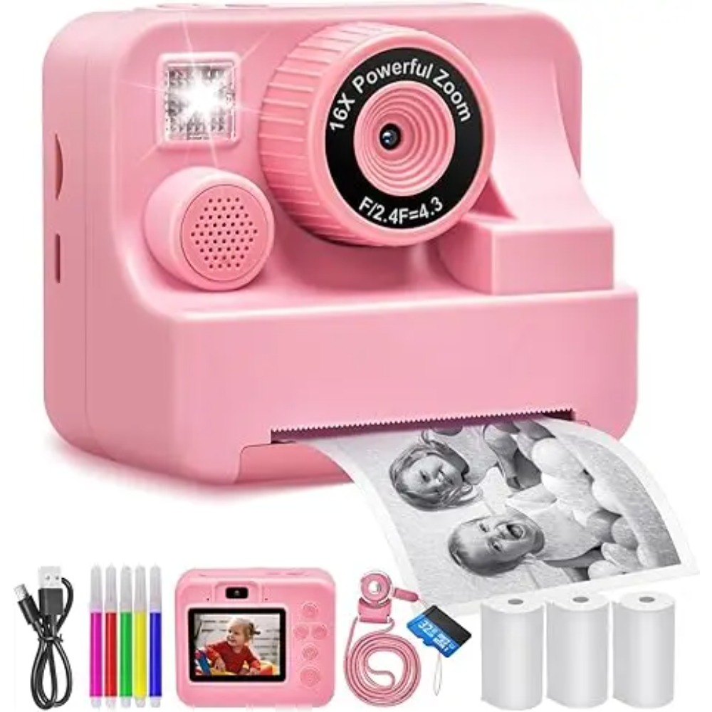 Fotocamera con stampa istantanea per bambini e giocattolo per fotografia video per ragazzi e ragazze, mini fotocamera digitale con stampante