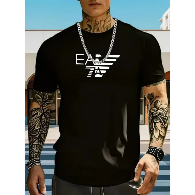 Men's summer pure cotton T-shirt EA7 letter printed short sleeved casual street wear cotton short sleeved round neck T-shirt