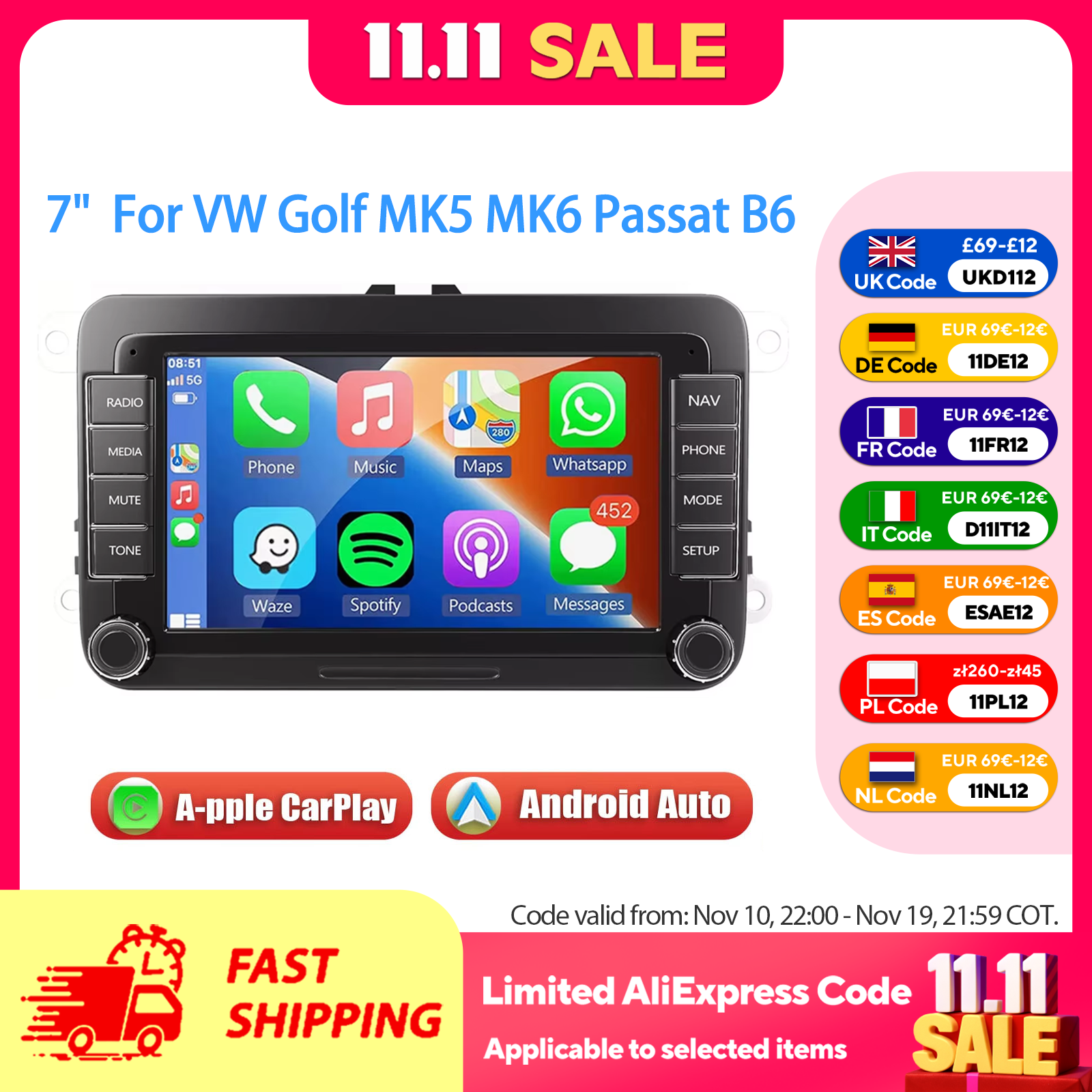 ESSGOO 7" IPS Touchscreen Android 14 Android Auto CarPlay Autoradio Multimedia Speler GPS Navigatie WIFI RDS FM Bluetooth voor VW Golf 5 6 Passat B6 B7 Polo Touran Tiguan