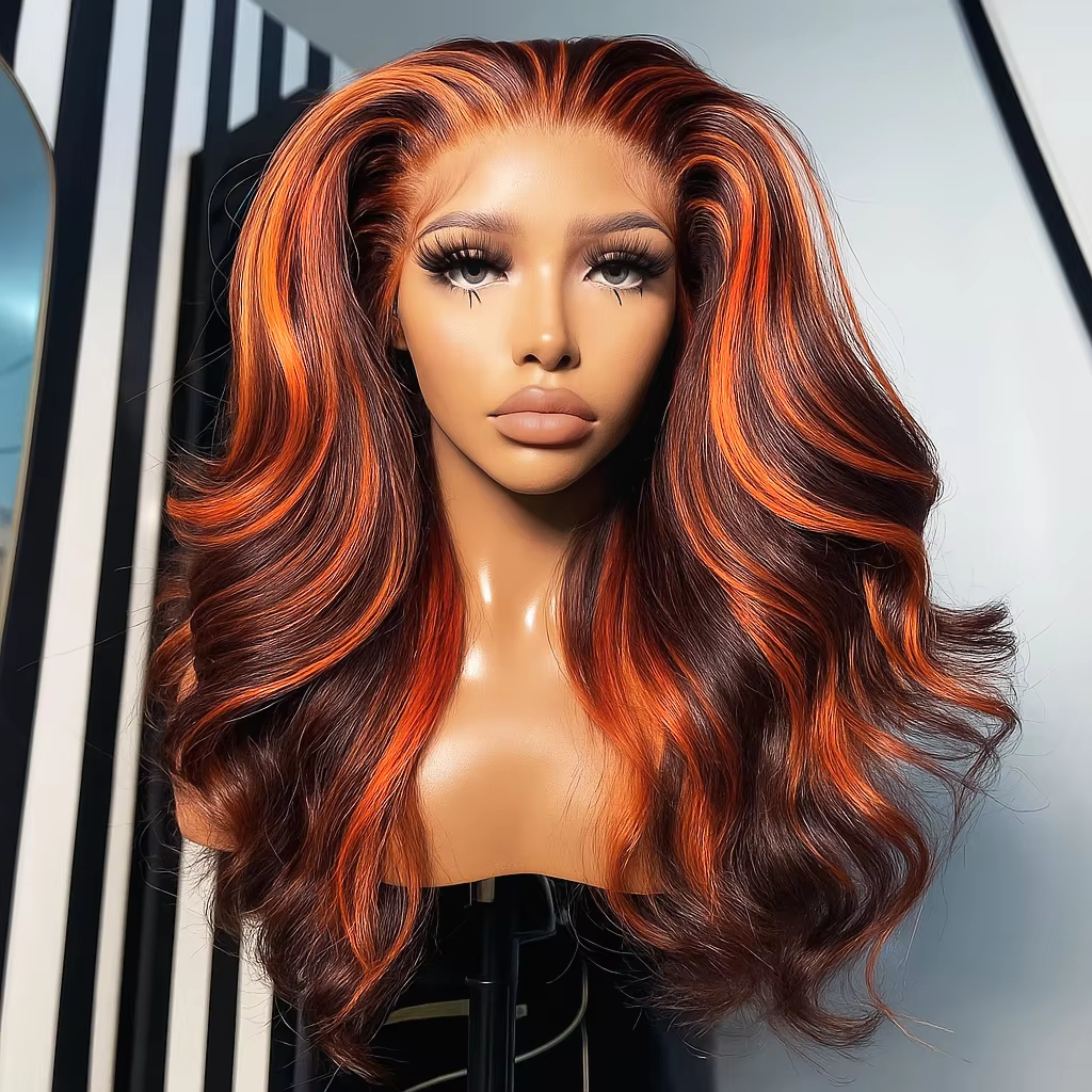 Peruka Smilegirl100% z Włosów Naturalnych 4/350 Highlight Ombre Body Wave 13x6 Lace Front Wig w Kolorze Imbirowo-Pomarańczowo-Brązowym, Peruka 13x4 Lace Frontal Wig z Włosów Naturalnych w Kolorze Wodnej Fali