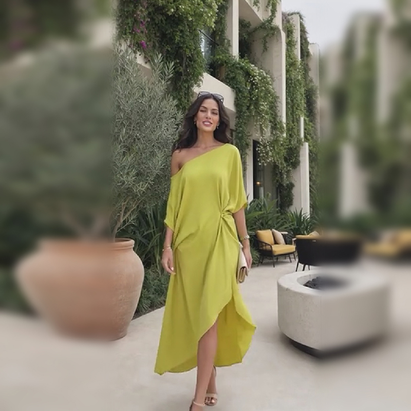 Elegant Satin Women's Maxi Dress Off Shoulder Side Slit Pleated Half Sleeves Irregular Loose Skirt 2026 Summer Exquisite Robe