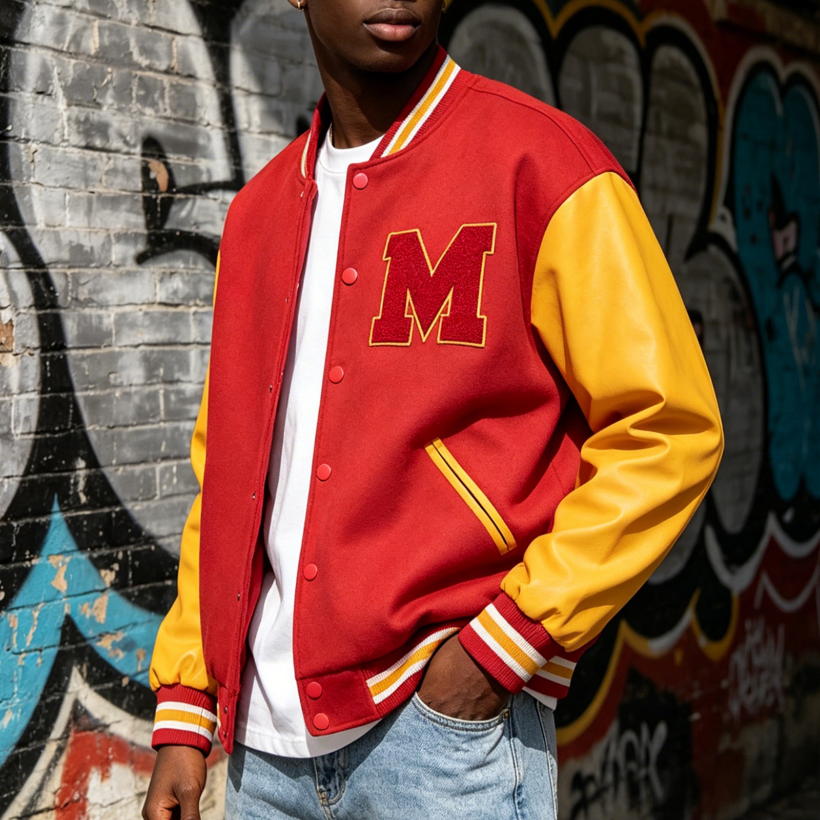 Herren M-Buchstaben Varsity-Jacke Vintage Kunstleder-Ärmel Bomber Baseball Letterman Mantel Rot & Gelb Streetwear für Freizeitkleidung