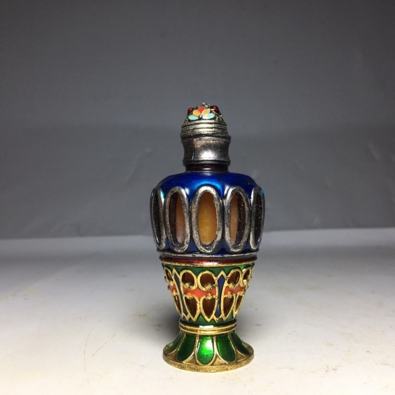 Botella de rapé Cloisonné con incrustaciones de ámbar de cobre puro de doble cara coleccionable antigua, juego para fumar con botella de rapé de pintura interna
