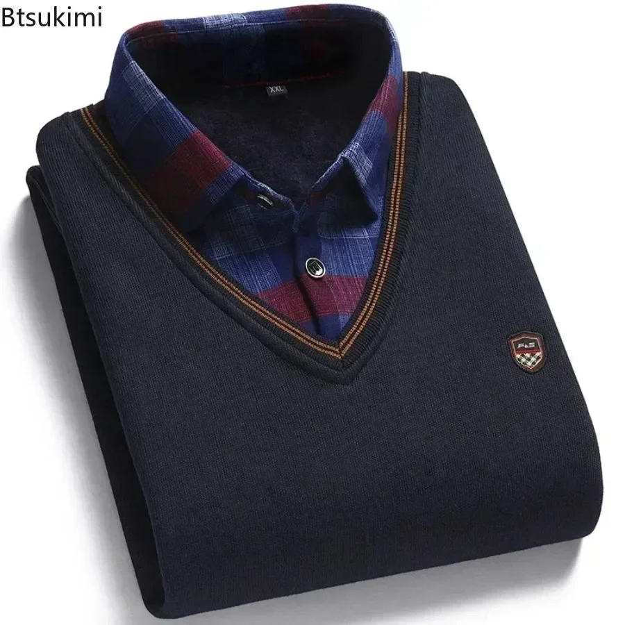 2025 nuevo suéter cálido más grueso para hombres, Jersey de punto con dos cuello tipo Polo falso a la moda, Otoño Invierno, suéter informal de negocios para hombres, Tops