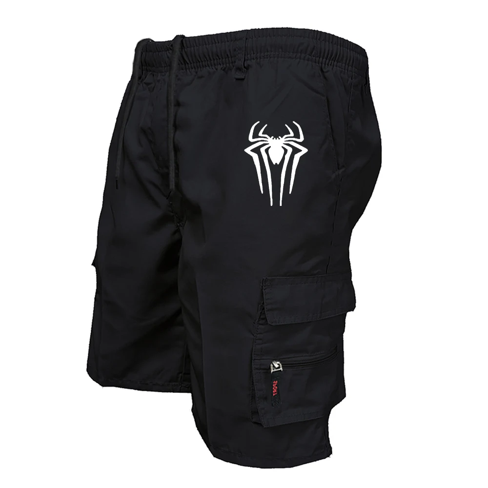 Men's Spider Print Cargo Shorts Male Outdoor Overalls Elastic Waist Cycling Shorts Multi-pockets Loose Work Beach Sports Shorts