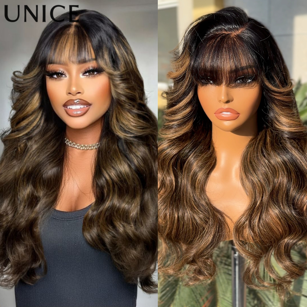 UNice Hair Balayage destaca peluca con flequillo de cortina ondulada suelta esponjosa con cordón sin pegamento 7x5 13x4 peluca Frontal de encaje de cabello humano