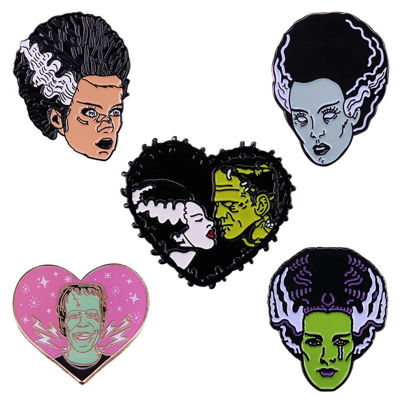 Bride & Frankenstein Emaliowana szpilka Science Horror Movie Broszka Halloween Gotyckie broszki