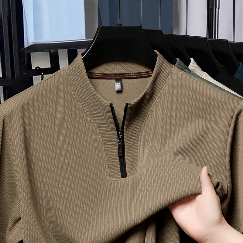 เสื้อยืดแขนสั้นผู้ชายแบบซิปครึ่งตัว คอตั้ง ผ้าไหมน้ำแข็ง ระบายอากาศดี สีพื้น เหมาะสำหรับฤดูร้อน