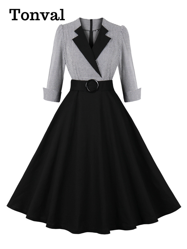 ผู้หญิงลายสก๊อตและสีดํา Elegant สุภาพสตรี Rockabilly ผ้าฝ้าย Notched COLLAR 3/4 ฤดูใบไม้ร่วงฤดูหนาวผู้หญิงชุดวินเทจ
