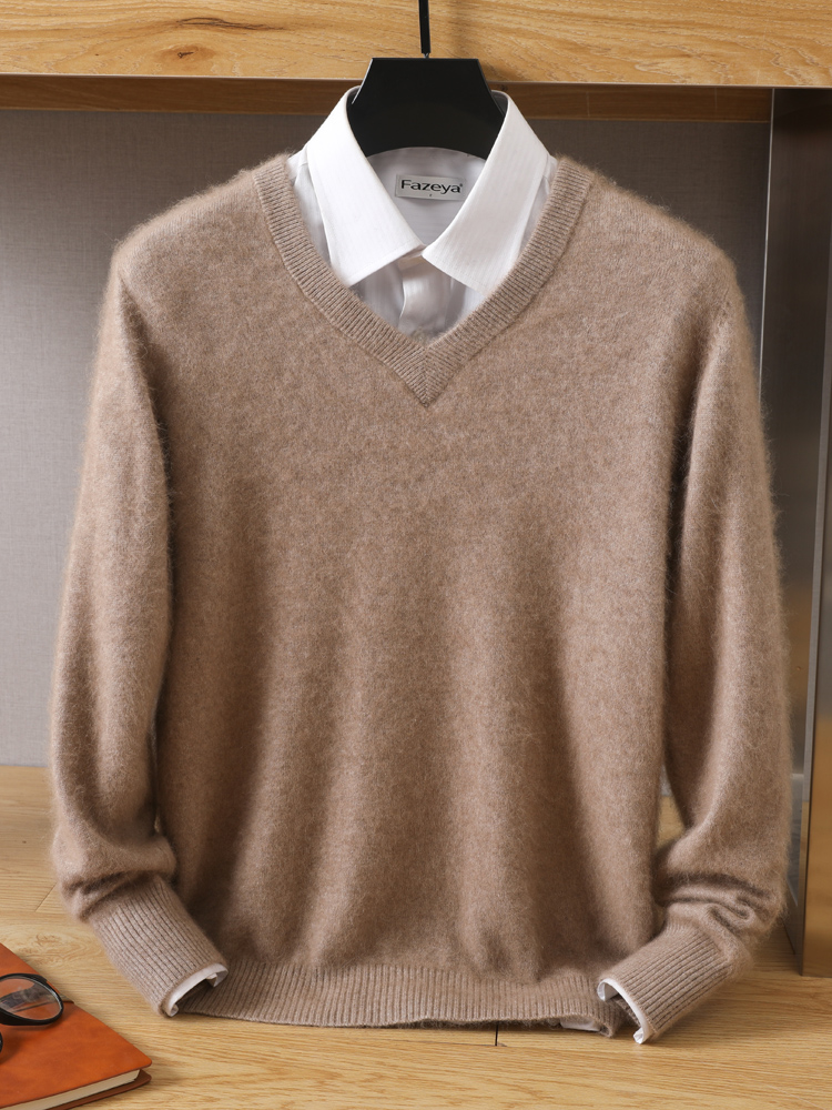 MVLYFLET 2024 nuevos hombres 100% suéter de cachemira de visón jerseys con cuello en V tejidos de gran tamaño invierno partes superiores nuevas de manga larga jerseys de gama alta