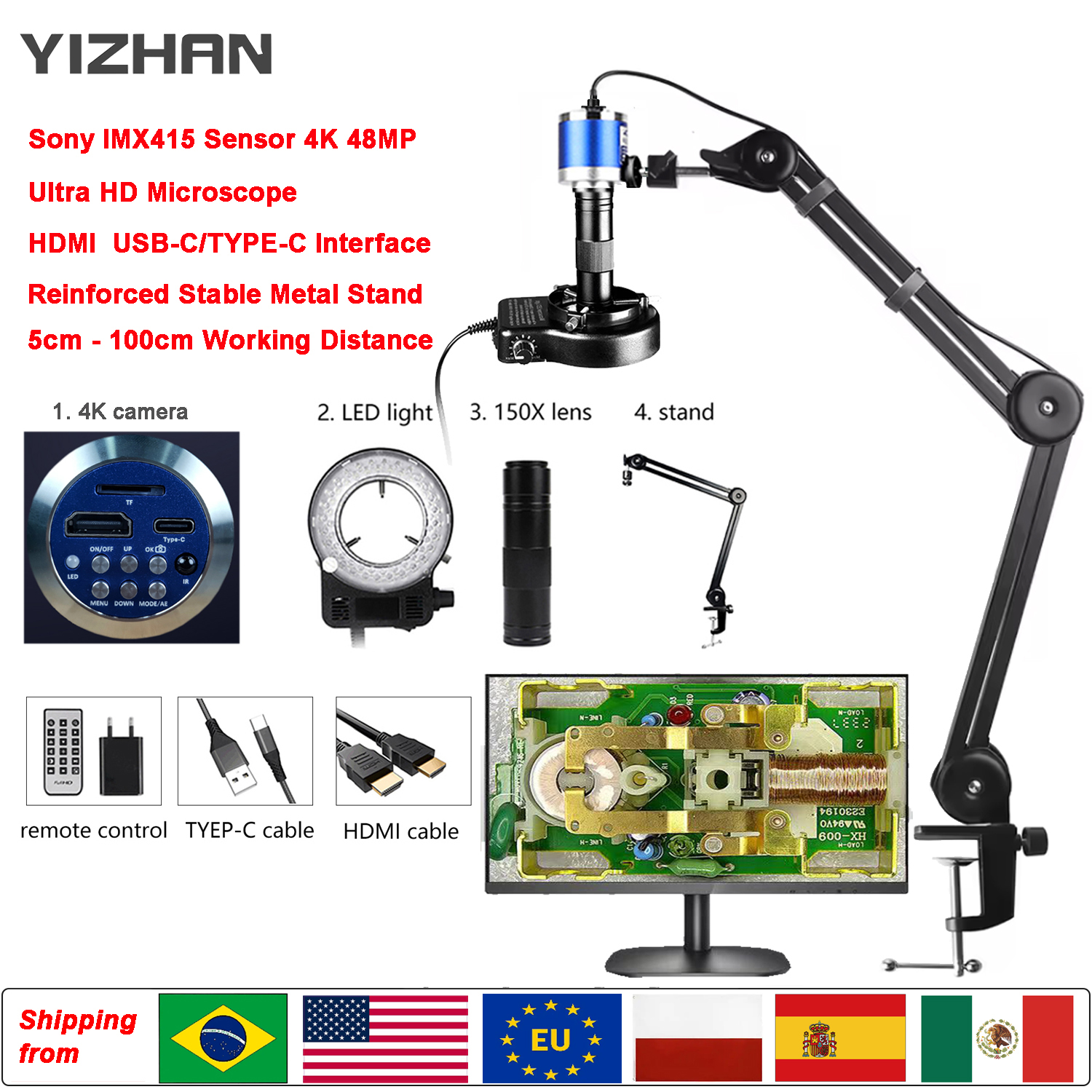 Yizhan-Microscope Numérique Industriel HD 1080P 4K HDMI USB VGA, Support de Microscope à Zoom 215X 180X 150X 130X pour la Soudure, Expédition de l'UE, livraison rapide