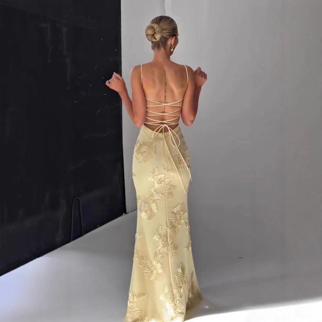 Mingmingxi Damen Maxi-Kleid, rückenfrei, sexy 3D-Blumenstickerei, Meerjungfrau-Kleid, gelb, formelles Gala-Partykleid, lang