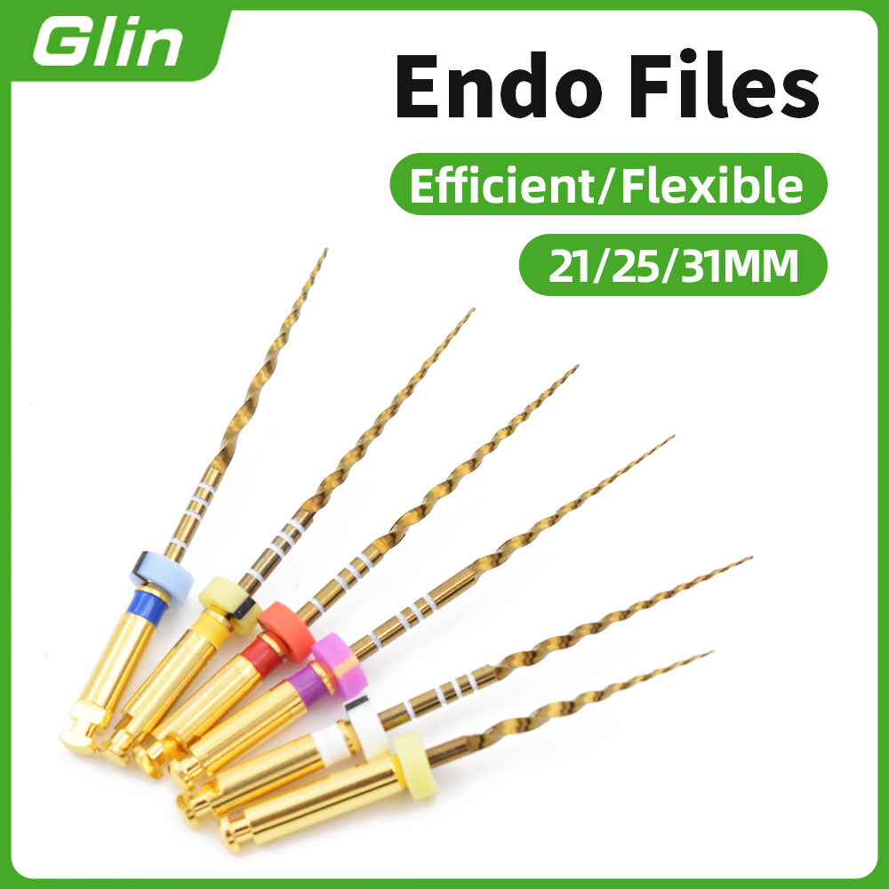 Glin Dental - Limas Flexibles de Oro para Endodoncia, Limas Rotatorias Doradas, 21/25/31 mm, Instrumento de Níquel Titanio para Odontología