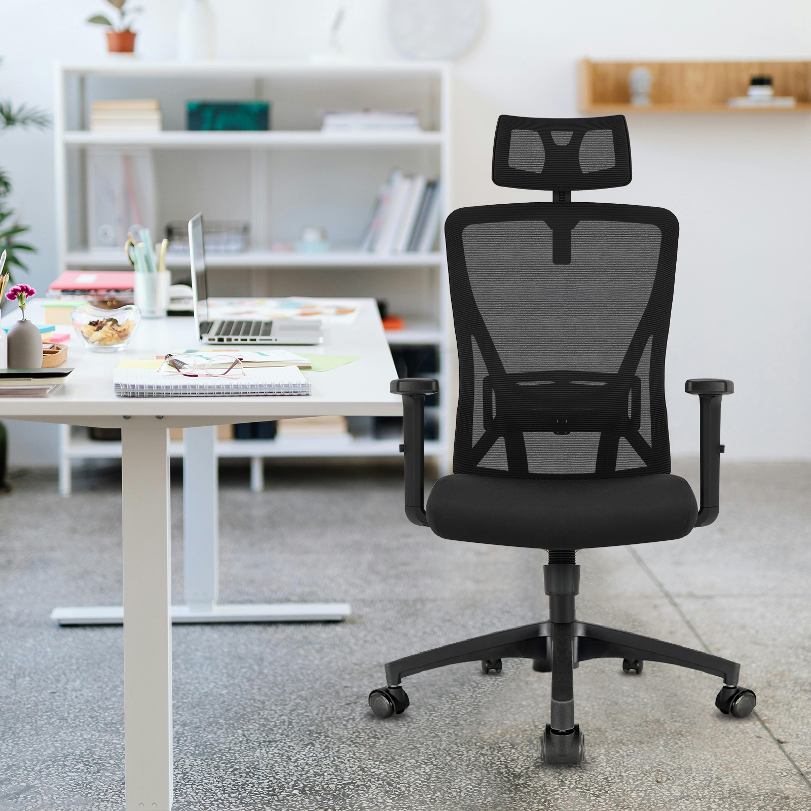 Ergonomiczne krzesło biurowe Durrafy, krzesła biurowe, krzesło biurkowe z regulowanym zagłówkiem, podłokietniki, udźwig 150 kg, czarne