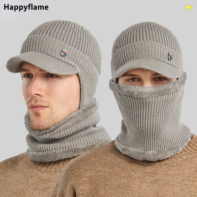 Mùa Đông Nón Khăn Bộ Skullies Beanies Cho Nam Nón Len Nữ Mặt Nạ Làm Dày Balo Earflap Len Bonnet Nam Cổ ống