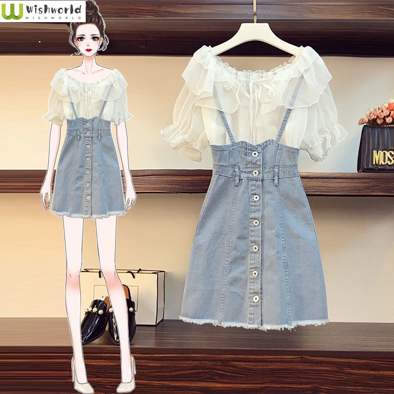 Robe chemise en mousseline de soie pour femme, robe à bretelles en denim, gros ajustement, style étranger, mince, imbibé, grand, été, nouveau, 2 pièces, 2024