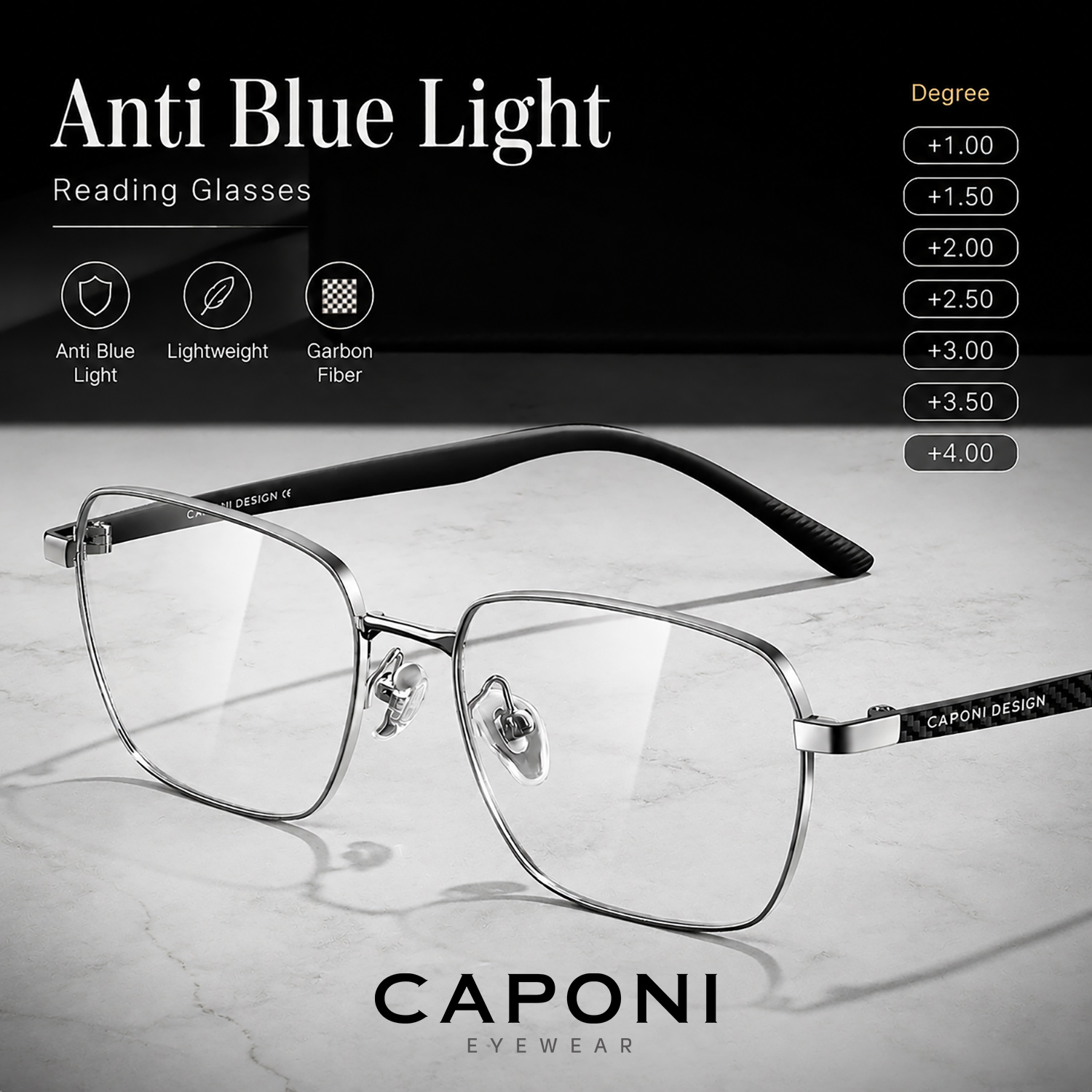 CAPONI – lunettes progressives pour hommes, en Fiber de carbone, anti-rayons bleus, pour lecture sur ordinateur, dioptrie de +0 à +4.0, LH35622