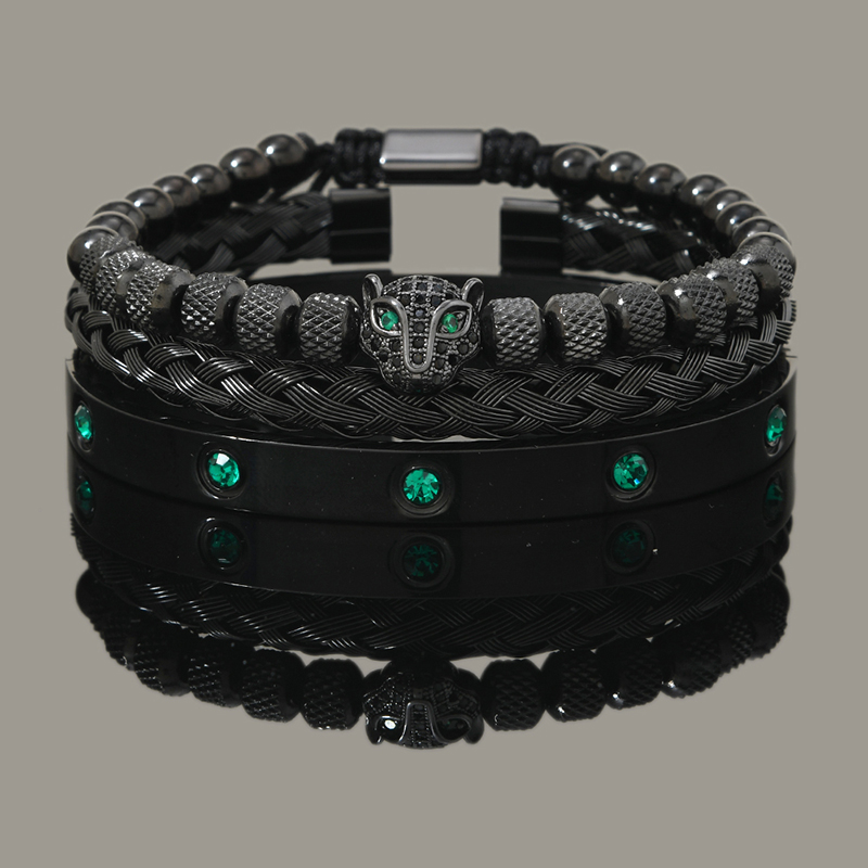 Luksusowy zestaw Zielone oko Leopard Head Charm Ręcznie robiona bransoletka męska Kryształy Kobiety Bransoletki ze stali nierdzewnej Biżuteria