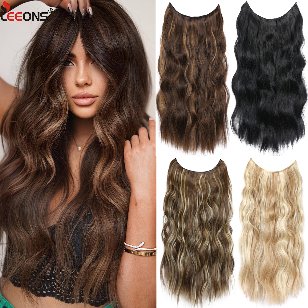 Synthatic artificial longo ondulado peruca loira misturada marrom falso pedaço de cabelo para mulheres dois clipes extensão do cabelo natural 17 cores