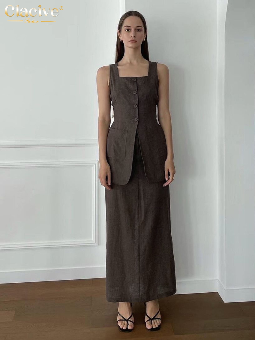 Clacive – ensemble 2 pièces en coton marron pour femmes, tenue d'été Slim, débardeur élégant sans manches avec jupe longue taille haute, 2024