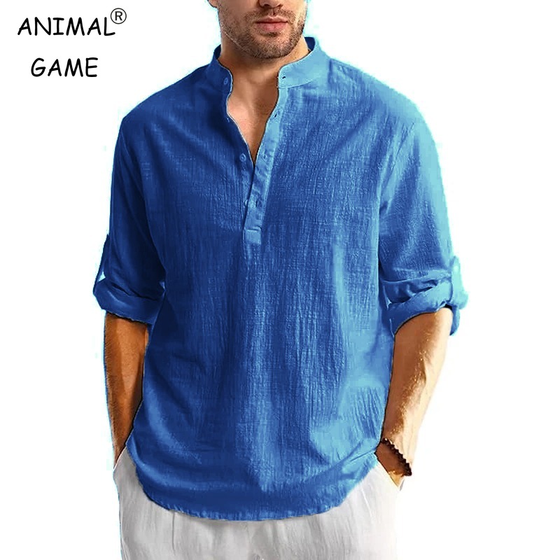 Kaus katun Linen pria baru kaus berkancing lengan panjang kaus Pantai Henley kaus Hawaii untuk Pria Atasan bersirkulasi