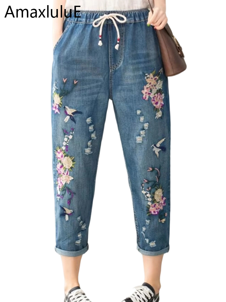 AmaxluluE 2025, Sommer-Frauen, Vintage-Blumenmuster, lose Denim-Hosen, chinesischer Stil, lässig, zerrissene blaue Jeans, Löcher, elastische Haremshose