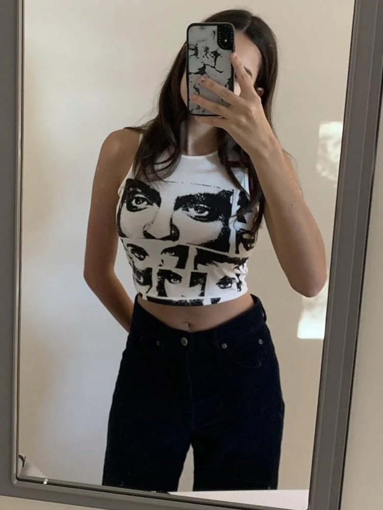 Top corto con estampado de figura Y2K para mujer, ropa de verano coreana sin mangas, camiseta sin mangas, ropa de calle 2024