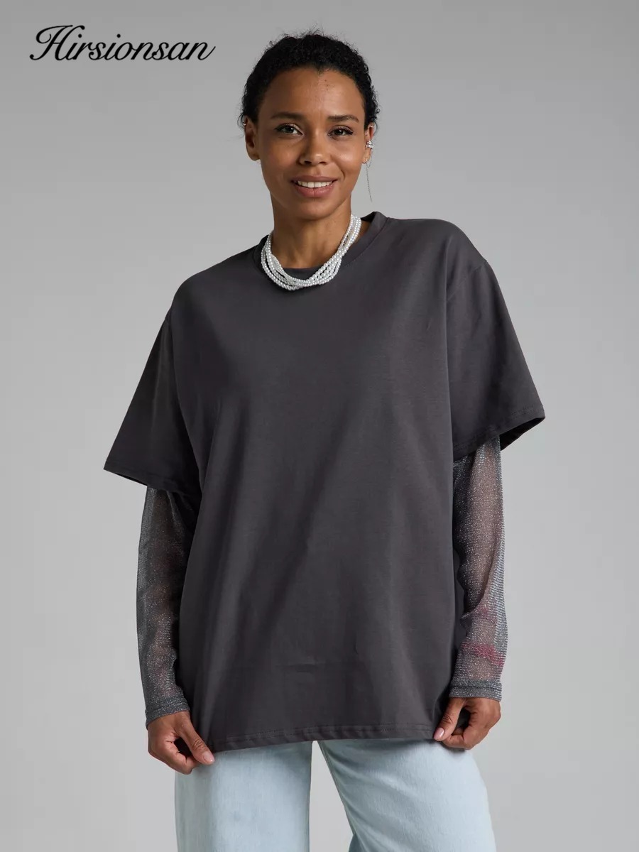 Hirsionsan Baumwolle T Shirt Frauen 2024 Sommer Übergroßen Helle Seide Patchwork Langarm T-stück Beiläufige Lose T-shirt Chic Weibliche Tops