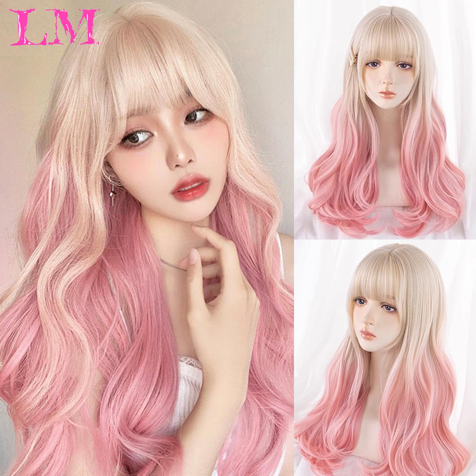 LM-pelucas de Cosplay de color rosa dorado con ondas de cuerpo largo para mujer, pelucas sintéticas resistentes al calor con flequillo, pelucas naturales de Lolita