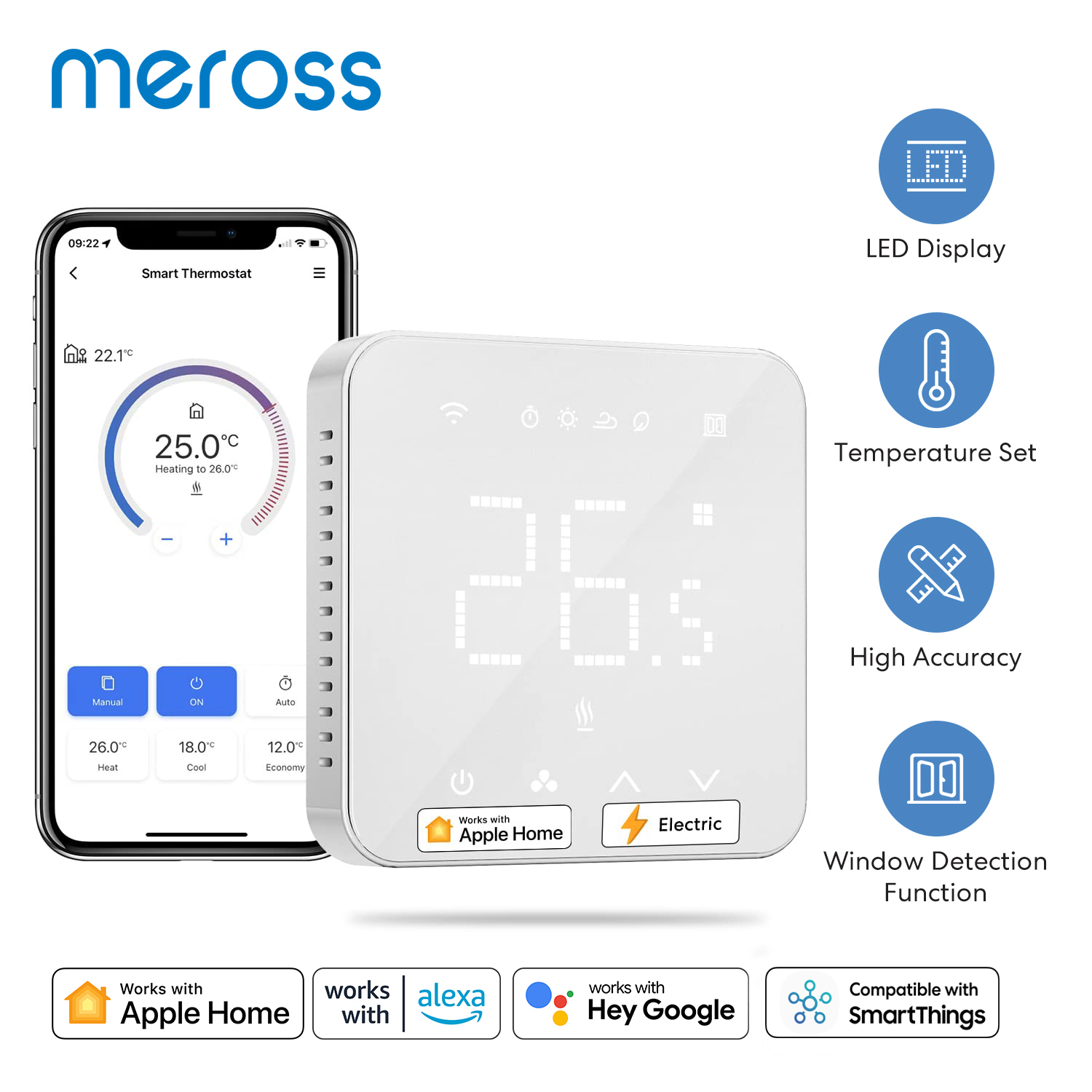 Meross Temostato Inteligente para Calefacción de Suelo, Sistema Eléctrico con Wifi, Pantalla Táctil, Funciona con Siri Alexa Asistente de Google HomeKit