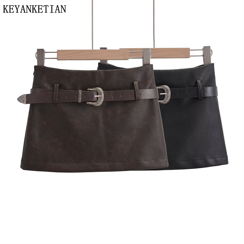 KEYANKETIAN Nuovo Lancio delle Donne Del Cuoio Del Faux Skort Moda Sexy Grunge Con Cintura Cerniera Laterale Solido Guaina Mini Gonna Femminile